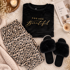 Black Velvet Leopard Print Winter Pajama Set Big Size