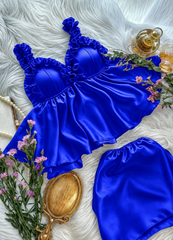 Women's Royal Blue Satin Ruffle Pajama Set