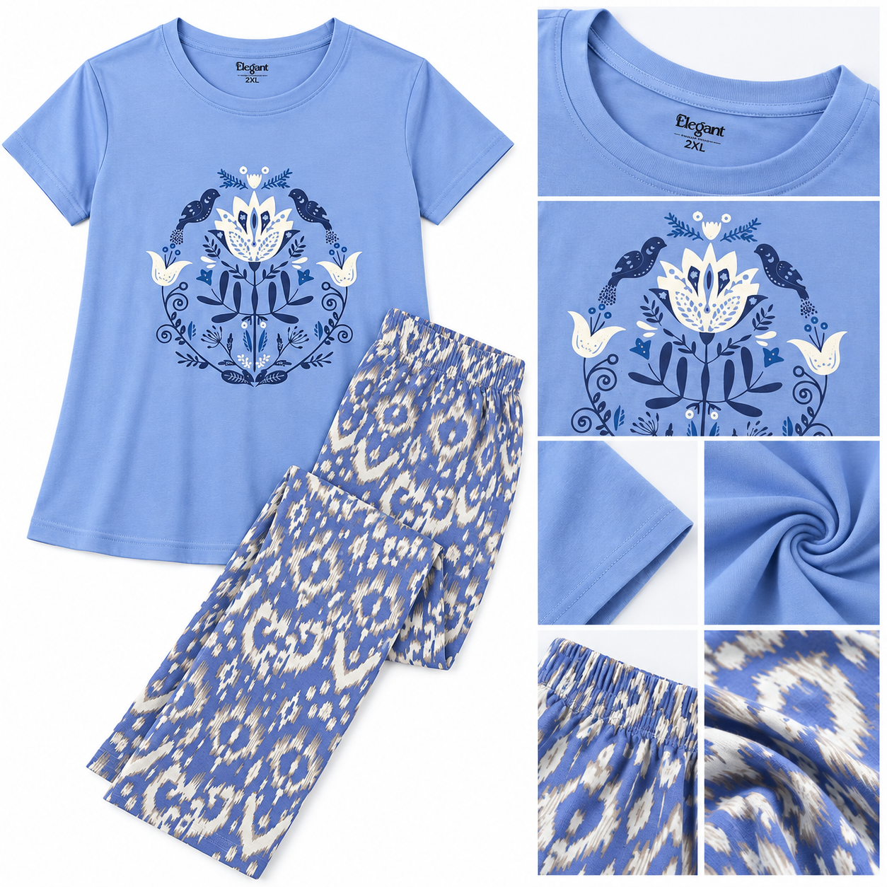 Light Blue Folk Floral Pajama Set