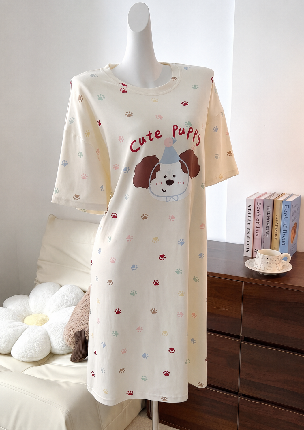 Cream Puppy Print Oversized Nightdress