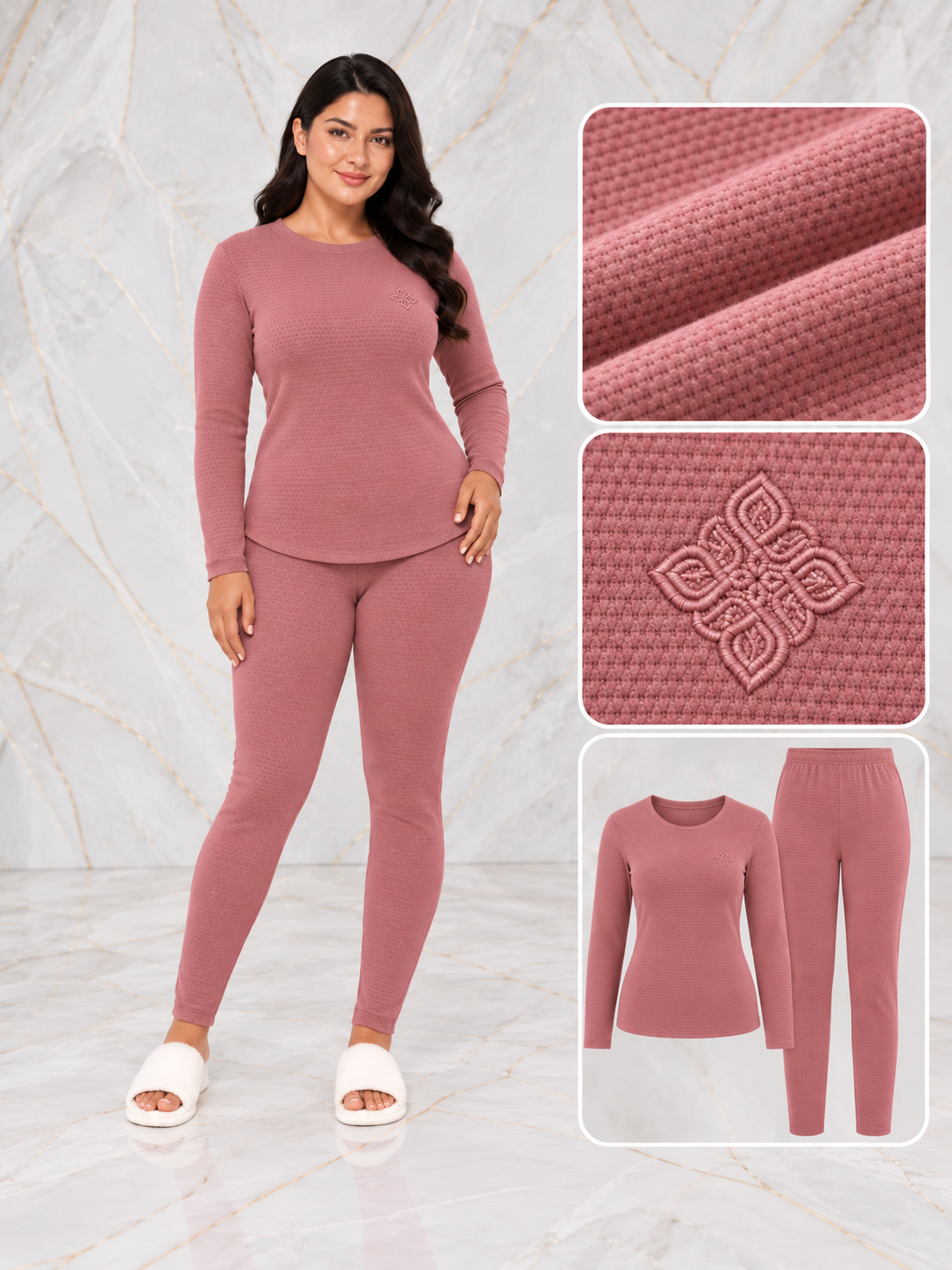 Dark Pink Textured Pajama Set 2 Pcs