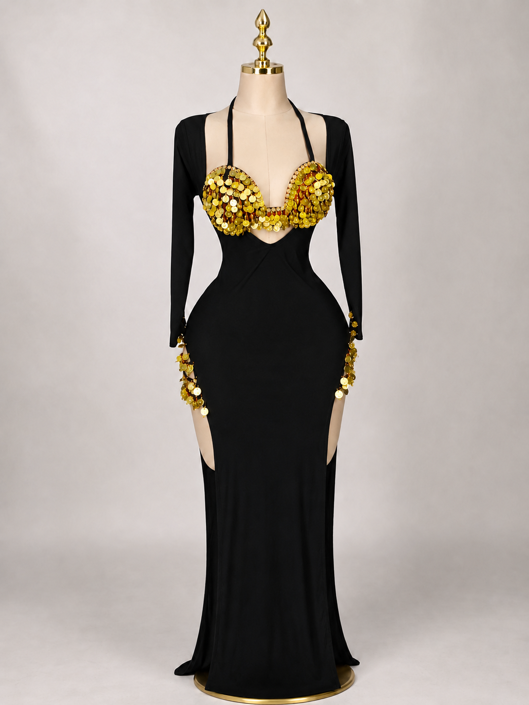 Women's Color Gold Sequin Cut Out Maxi Dress