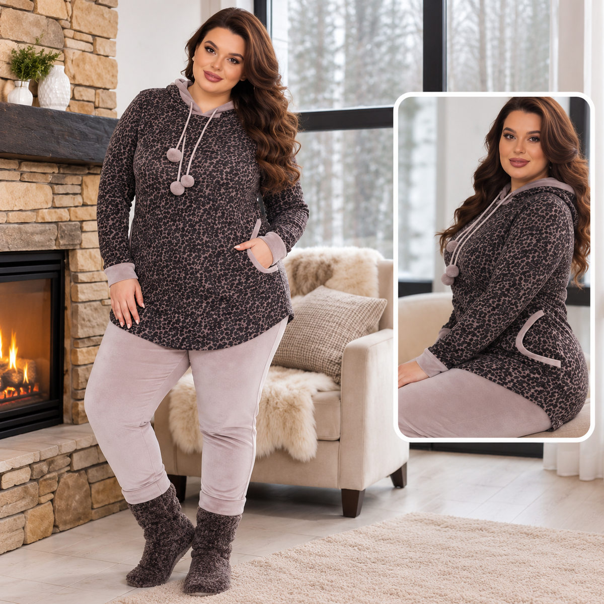 Leopard Print Hooded Pajama Set 2Pcs