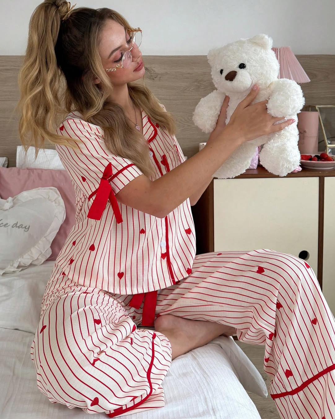 Women's Pink Striped Heart Print Pajama Set