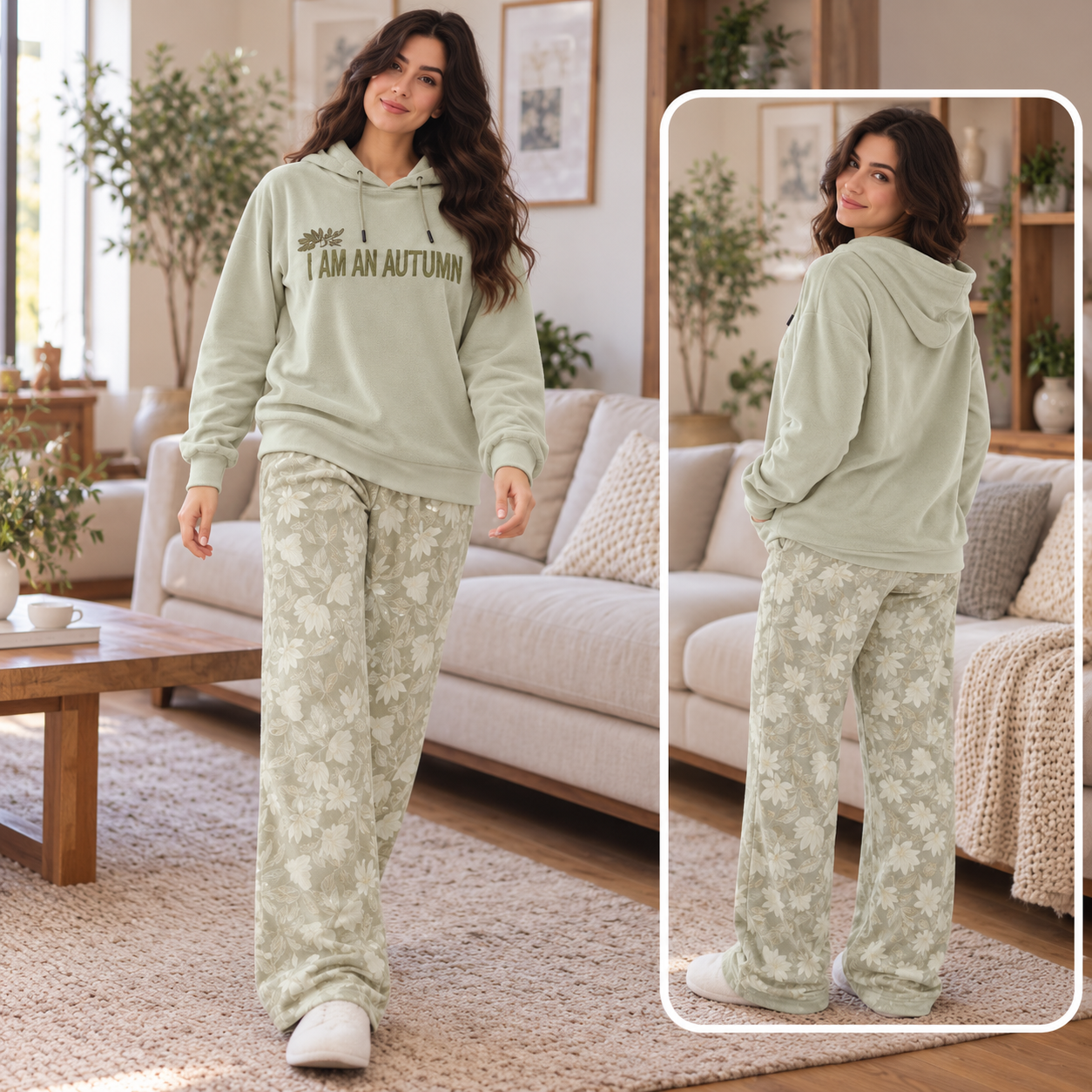 2 Pcs Sage Green Floral Wide Leg Pajama Set with Hoodie