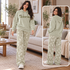 2 Pcs Sage Green Floral Wide Leg Pajama Set with Hoodie