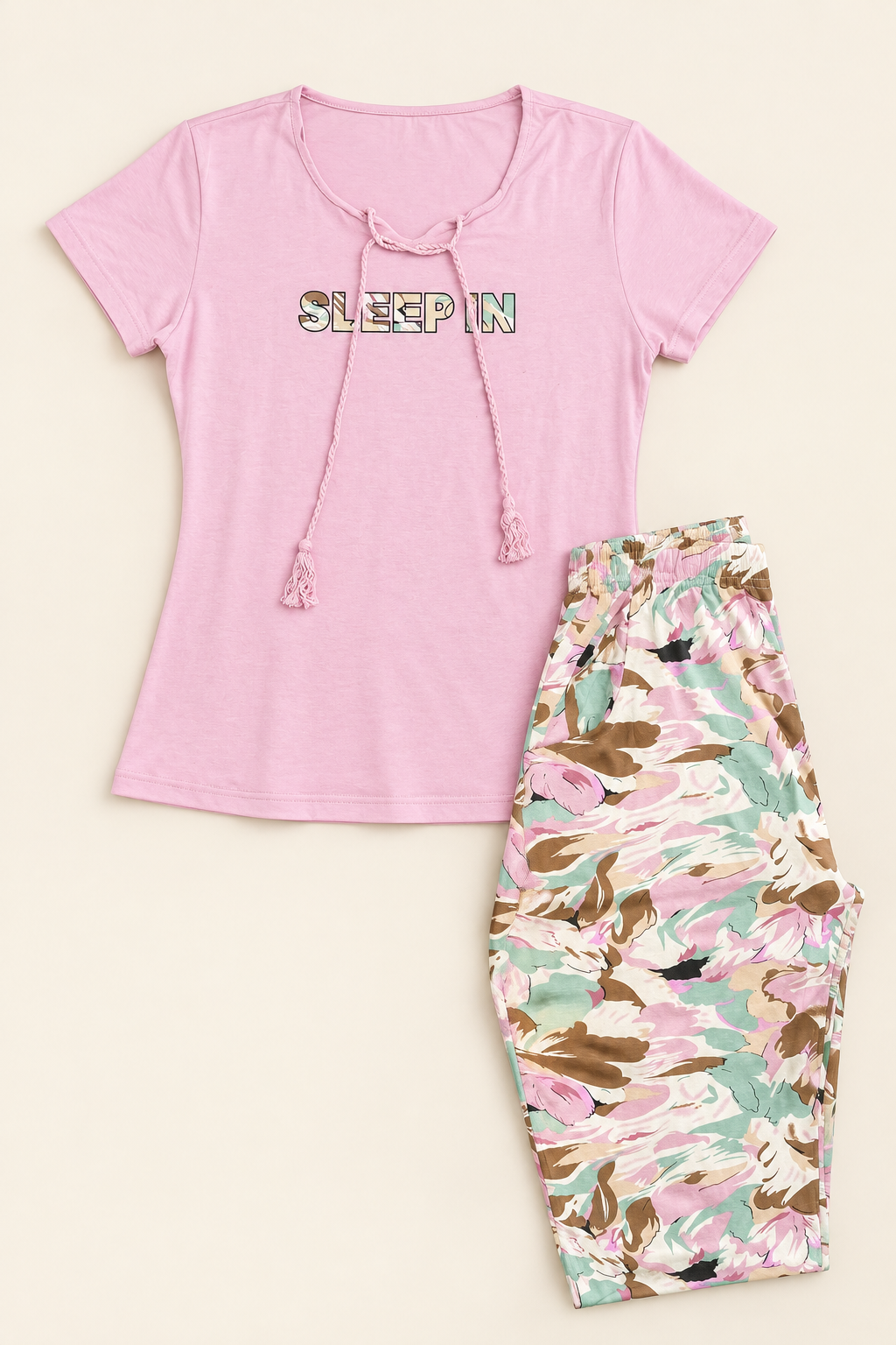 Pink Sleep In Pajama Set with Floral Pants