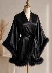 Women's Black Satin Kimono Robe with Faux Fur Trim