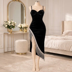 Velvet-Look Nightdress with Silver Fringe & Asymmetric Hem