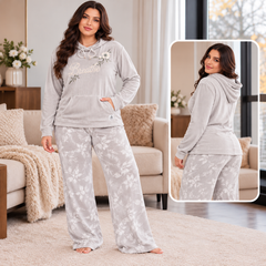 Grey Floral Embroidered Hoodie & Wide Leg Pajama Set