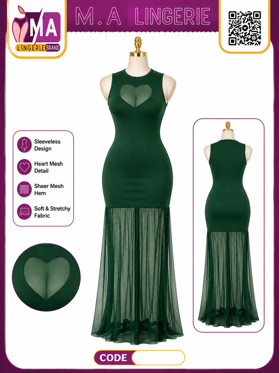 Women's Bodycon Maxi Dress with Sheer Mesh Hem
