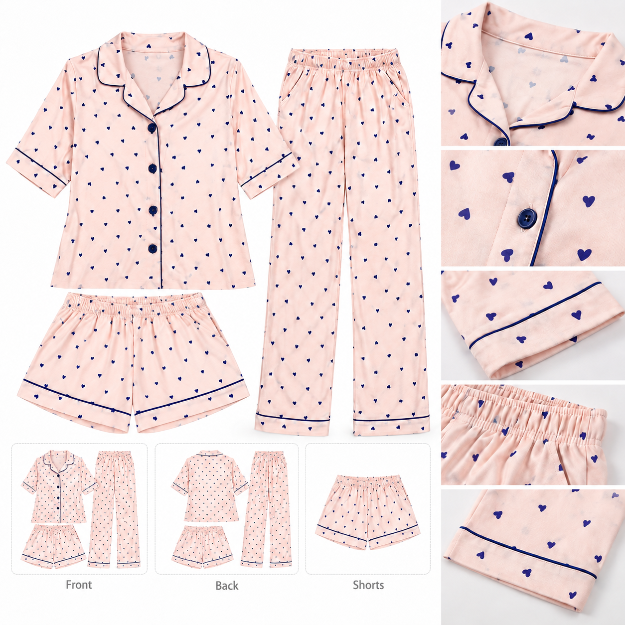 3Pcs Pink Heart Print Pajama Set