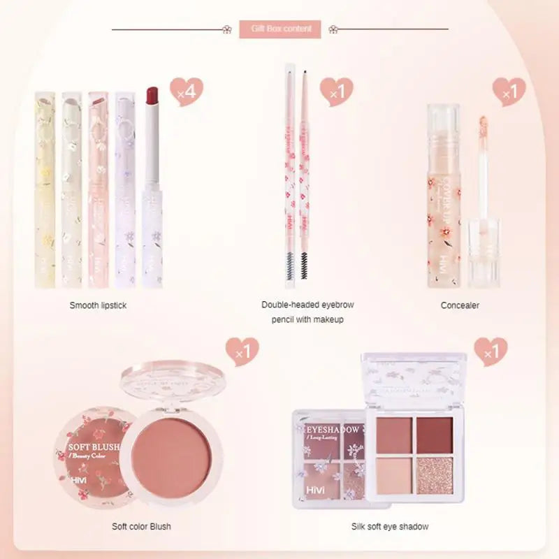 Makeup gift box consisting of 4 lipsticks - concealer - eyebrow pencil - blusher - eye shadows