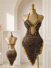 Women's Leopard Print Halter Cut Out Dress with Gold Coin Detail