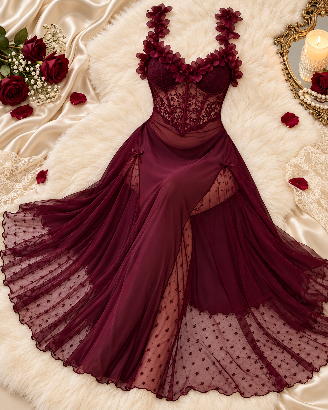 Burgundy Floral Lace Corset Lingerie Gown with Sheer Maxi Skirt