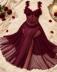 Burgundy Floral Lace Corset Lingerie Gown with Sheer Maxi Skirt