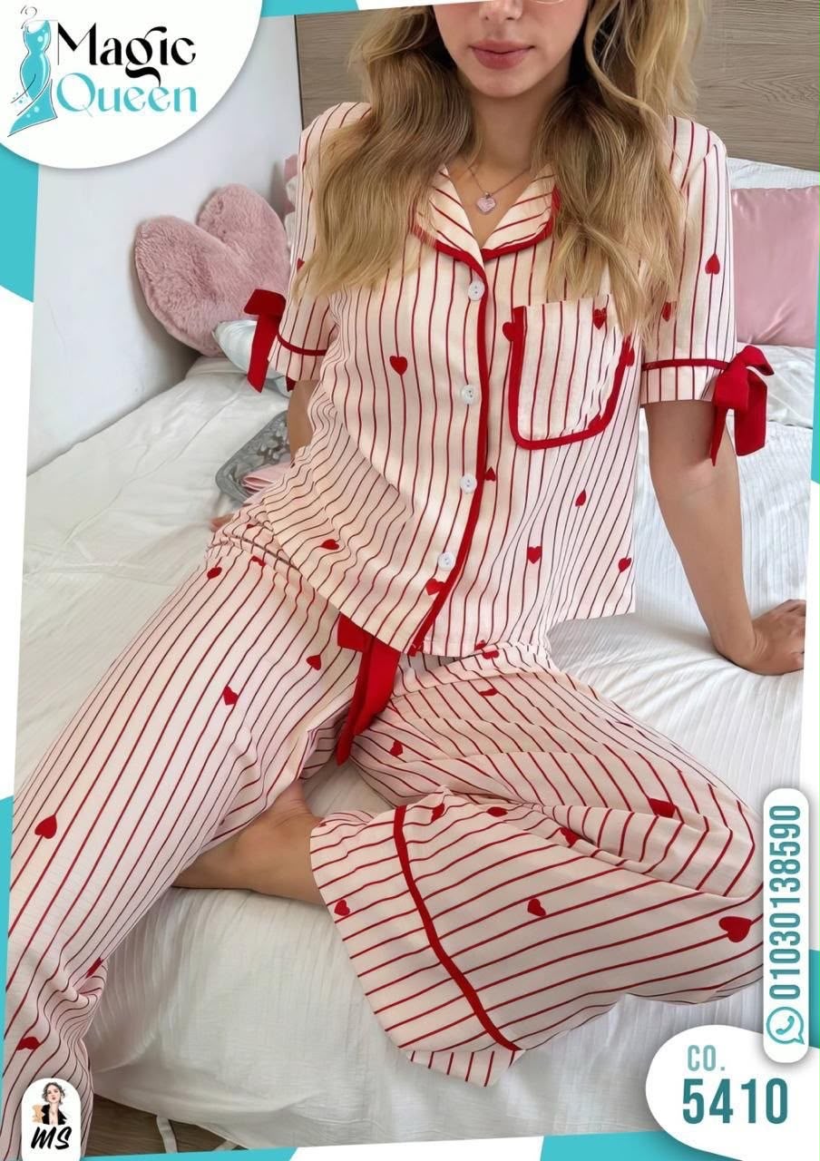 Women's Pink Striped Heart Print Pajama Set