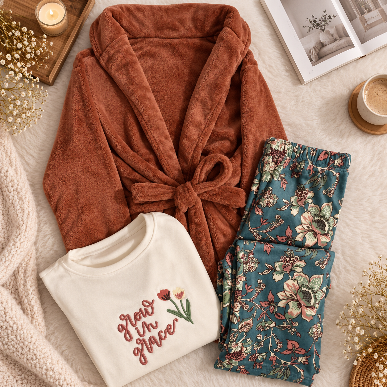 Winter Pajama Set 3 Pcs Plush Robe & Floral Pants