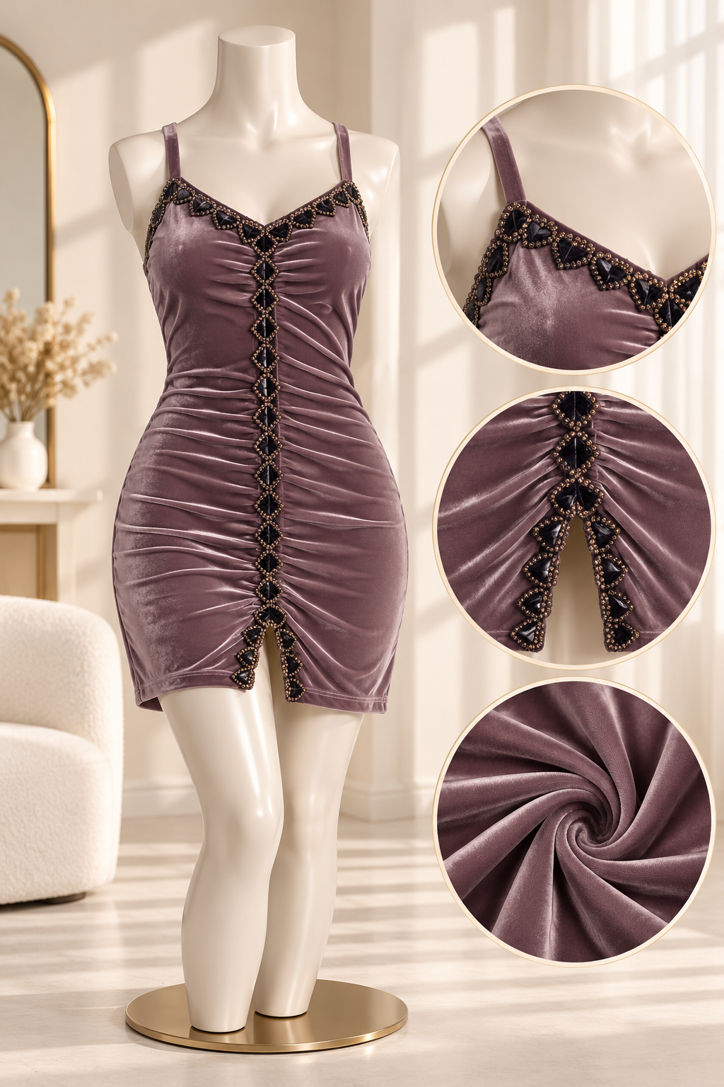 Ruched Mini Nightdress with Gold Embellishments