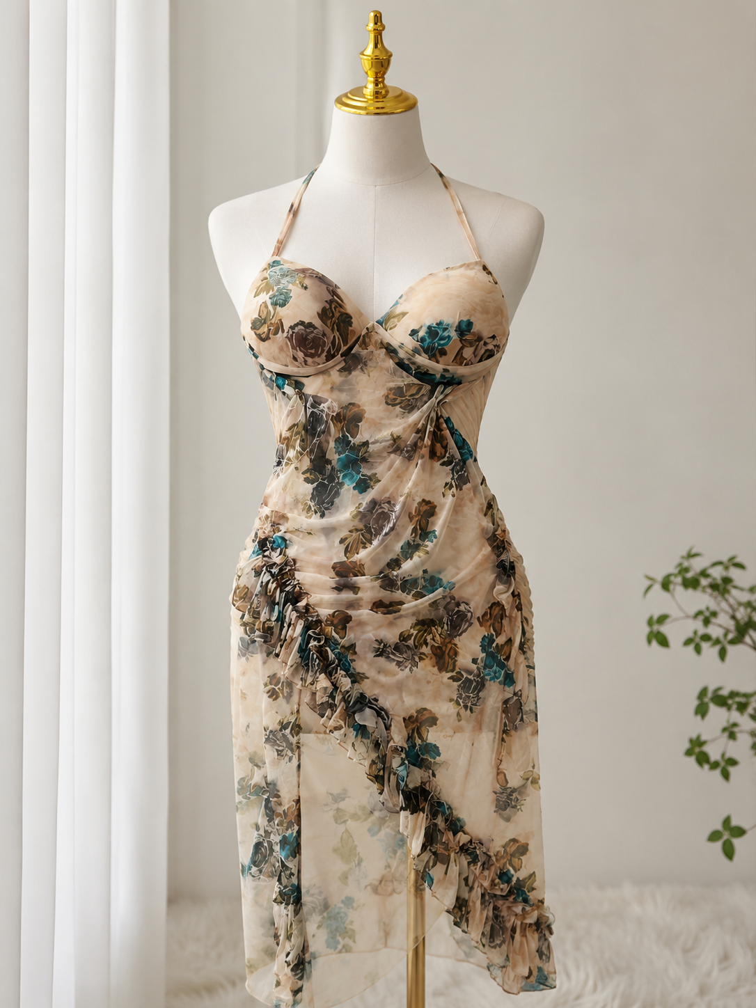 Beige Floral Lingerie Dress