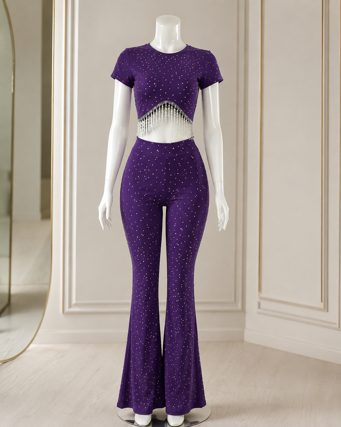 Women's Rhinestone Crop Top & Flared Pants