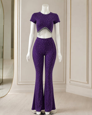 Women's Rhinestone Crop Top & Flared Pants