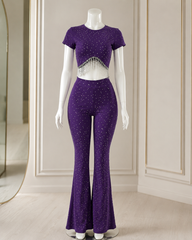 Women's Rhinestone Crop Top & Flared Pants