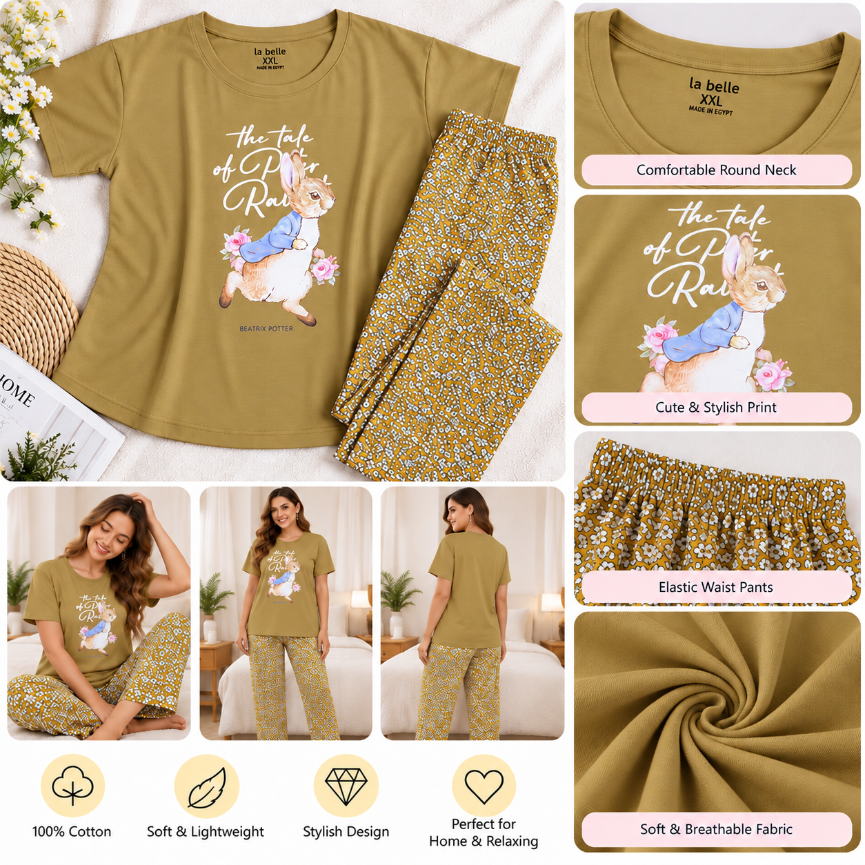 Mustard Peter Rabbit Graphic Pajama Set with Floral Pants