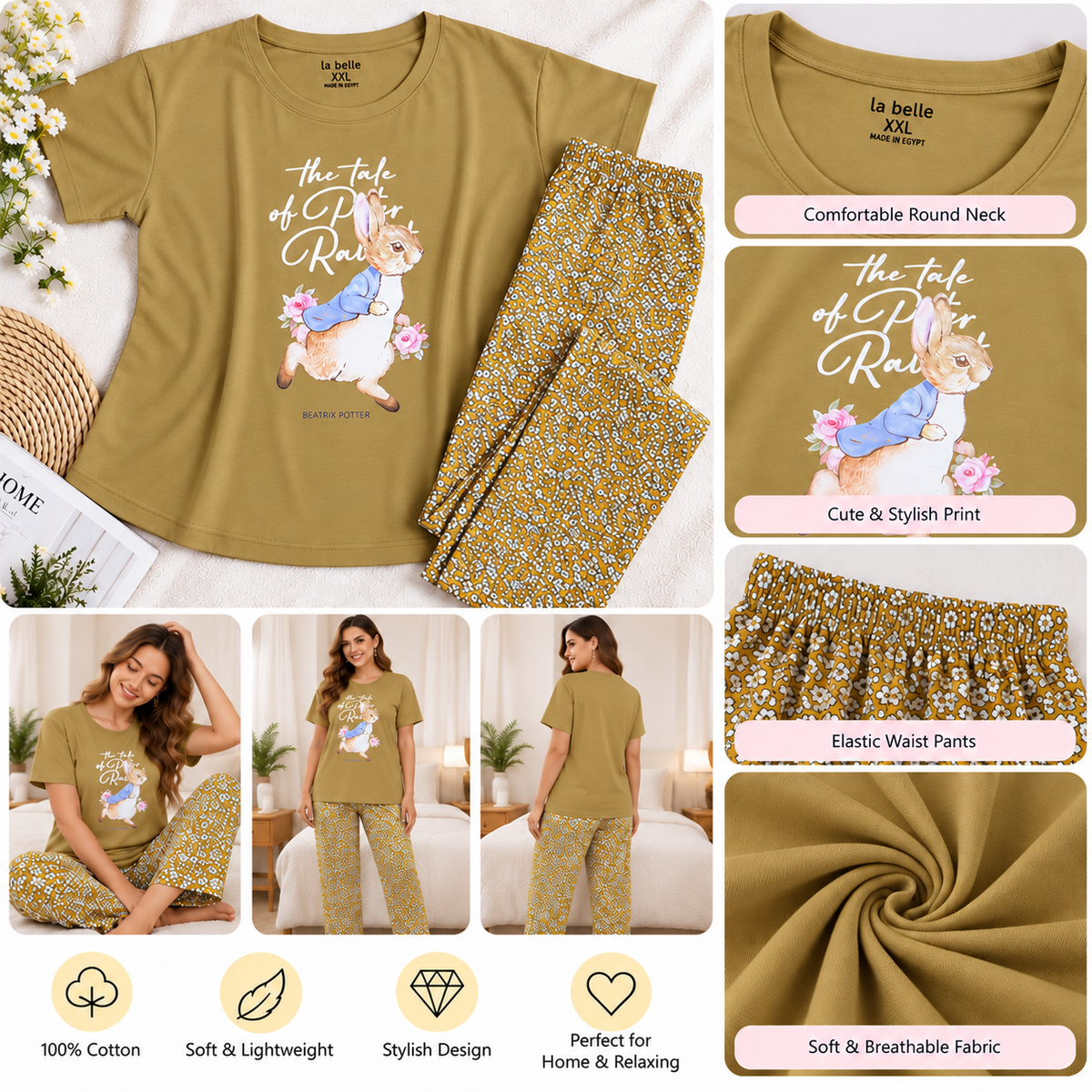 Mustard Peter Rabbit Graphic Pajama Set with Floral Pants