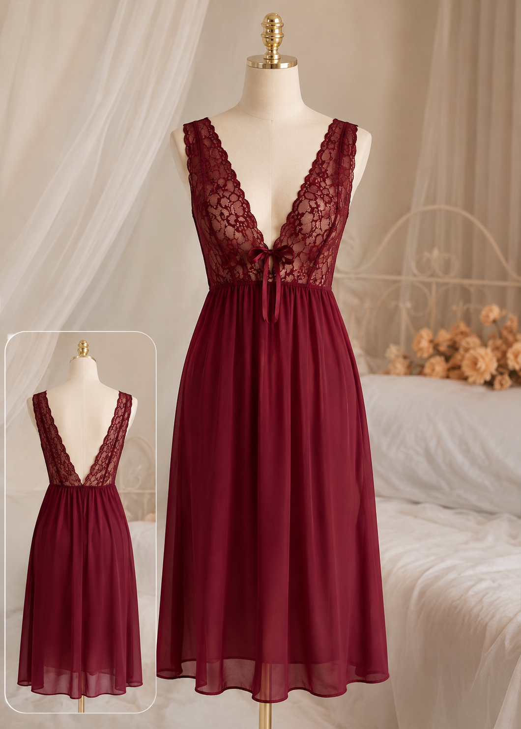 Women's Lace Deep V-Neck Maxi Nightdress