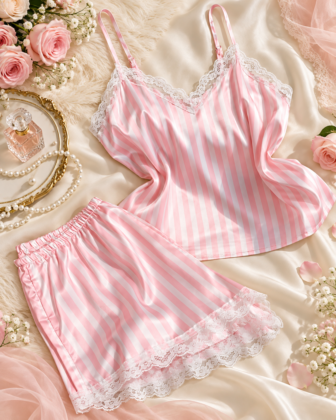 Pink Striped Satin Cami Pajama Set with Lace Trim