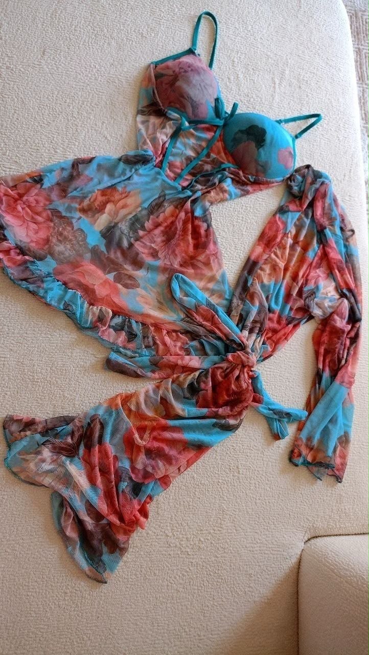 Women's Blue Floral Mesh 2 Pcs Lingerie Set