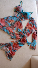 Women's Blue Floral Mesh 2 Pcs Lingerie Set