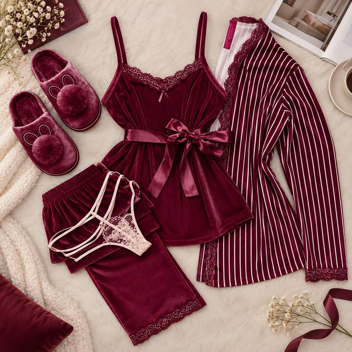 Pajama Set with Lace Trim & Robe