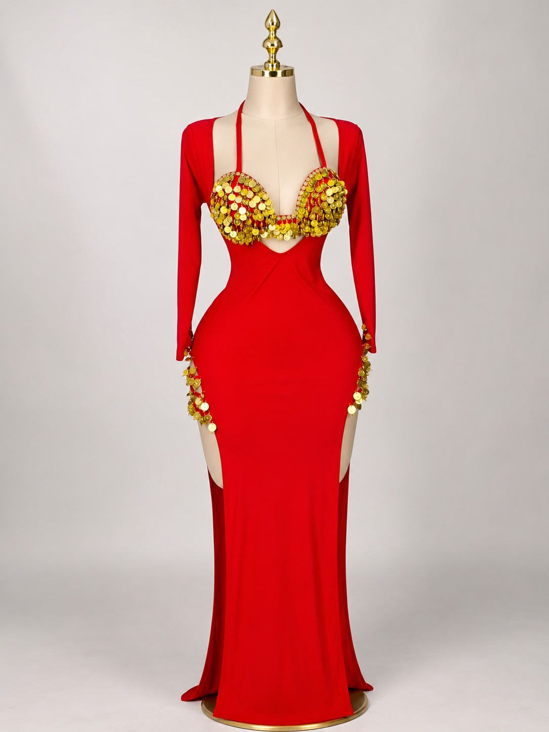 Women's Color Gold Sequin Cut Out Maxi Dress