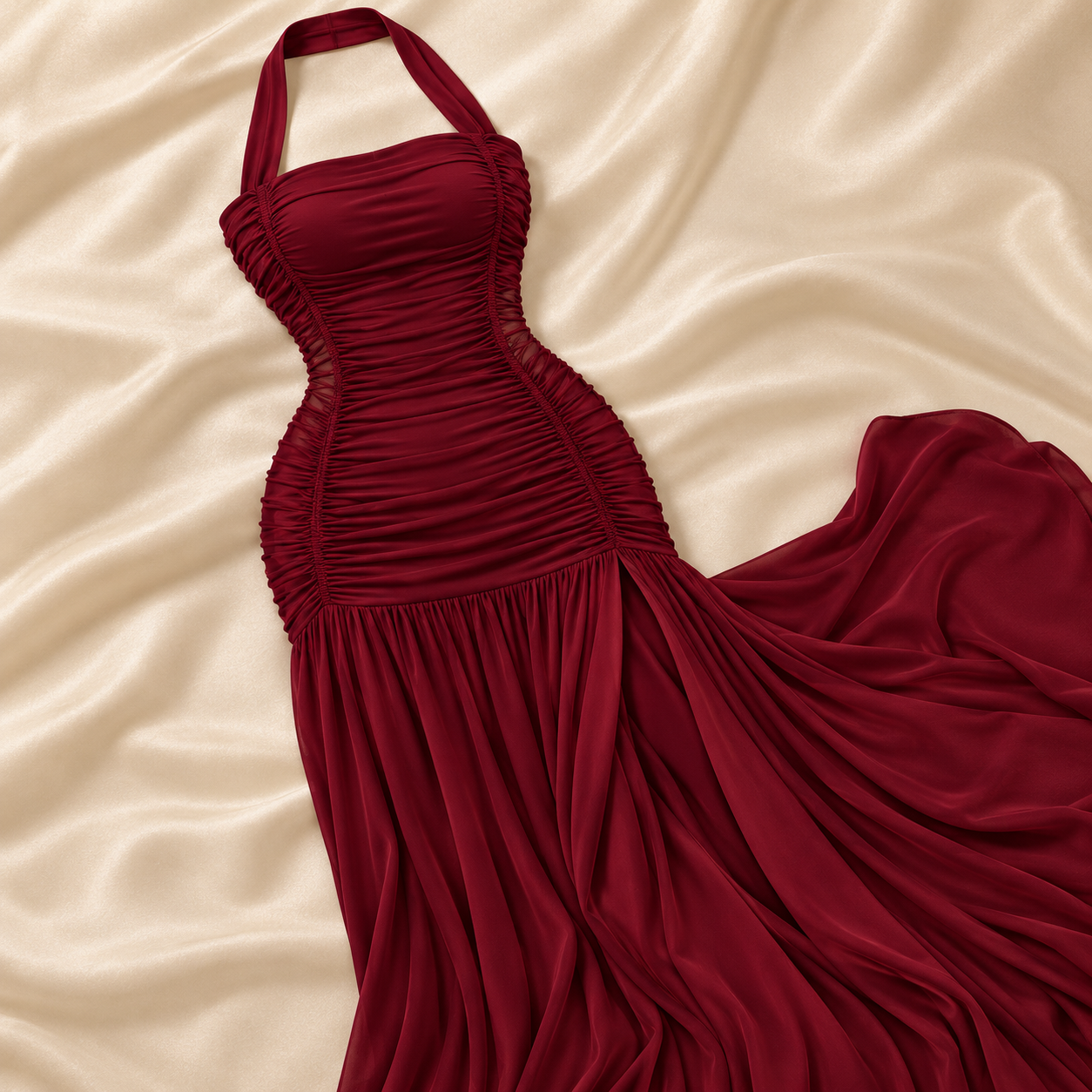 Burgundy Ruched Halter Neck Maxi Dress with Thigh-High Slit