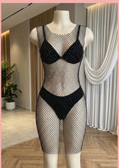 Black Sparkle Fishnet Lingerie Set with Rhinestone Details