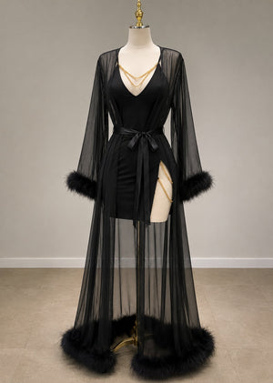 Black Feather Trim Robe & Mini Dress Set