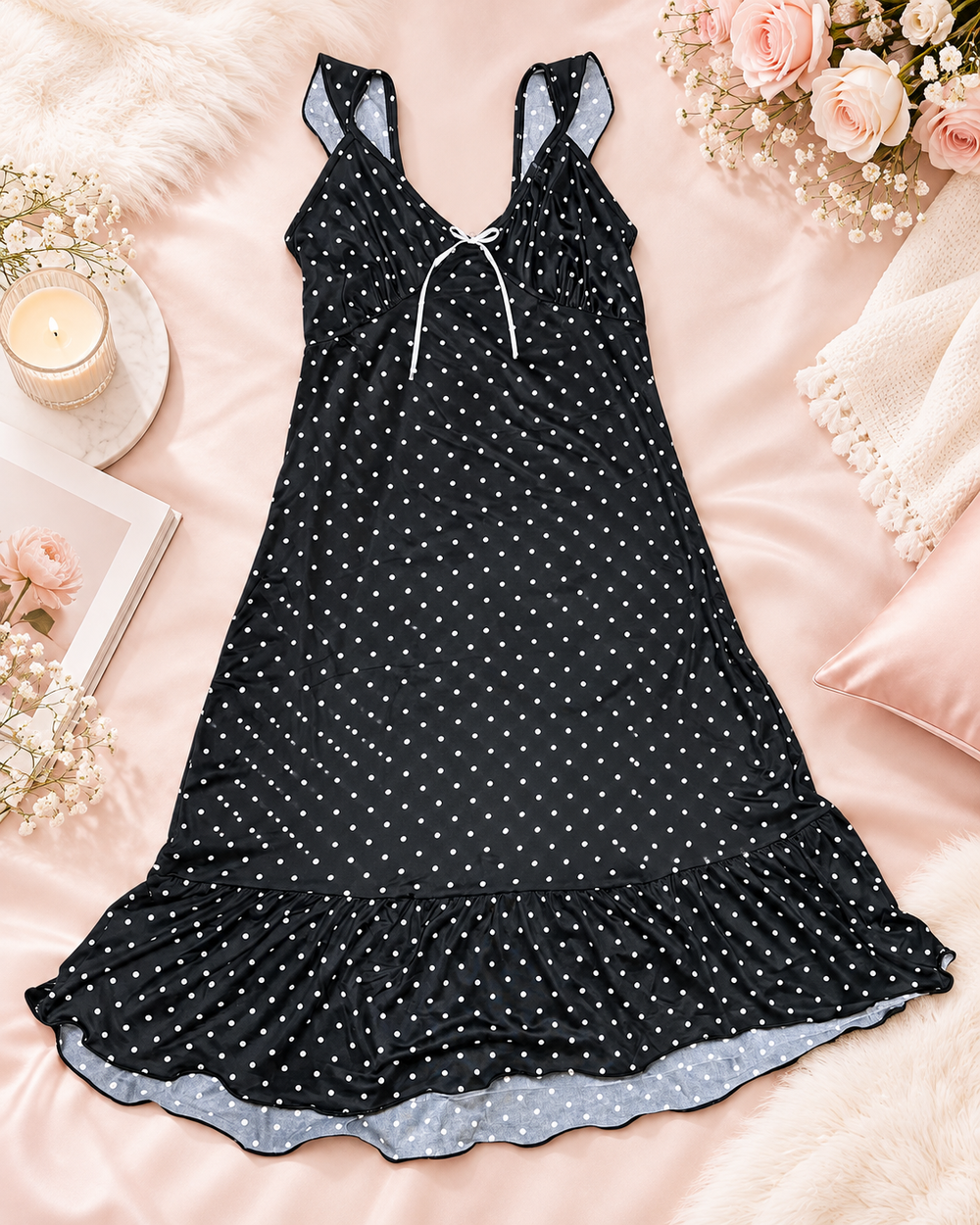 Black Polka Dot Sleeveless Nightdress with Ruffle Hem