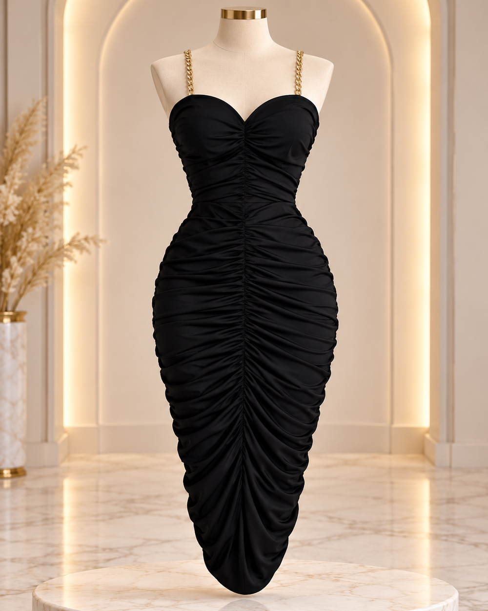 Black Ruched Bodycon Dress with Gold Chain Straps
