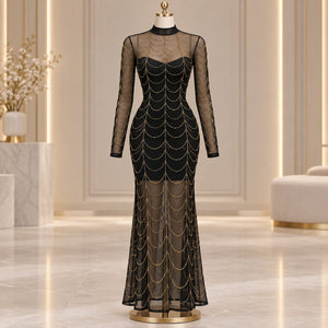 Black Sheer Mesh Maxi Lingerie Dress with Gold Chain Detail