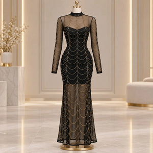 Black Sheer Mesh Maxi Lingerie Dress with Gold Chain Detail