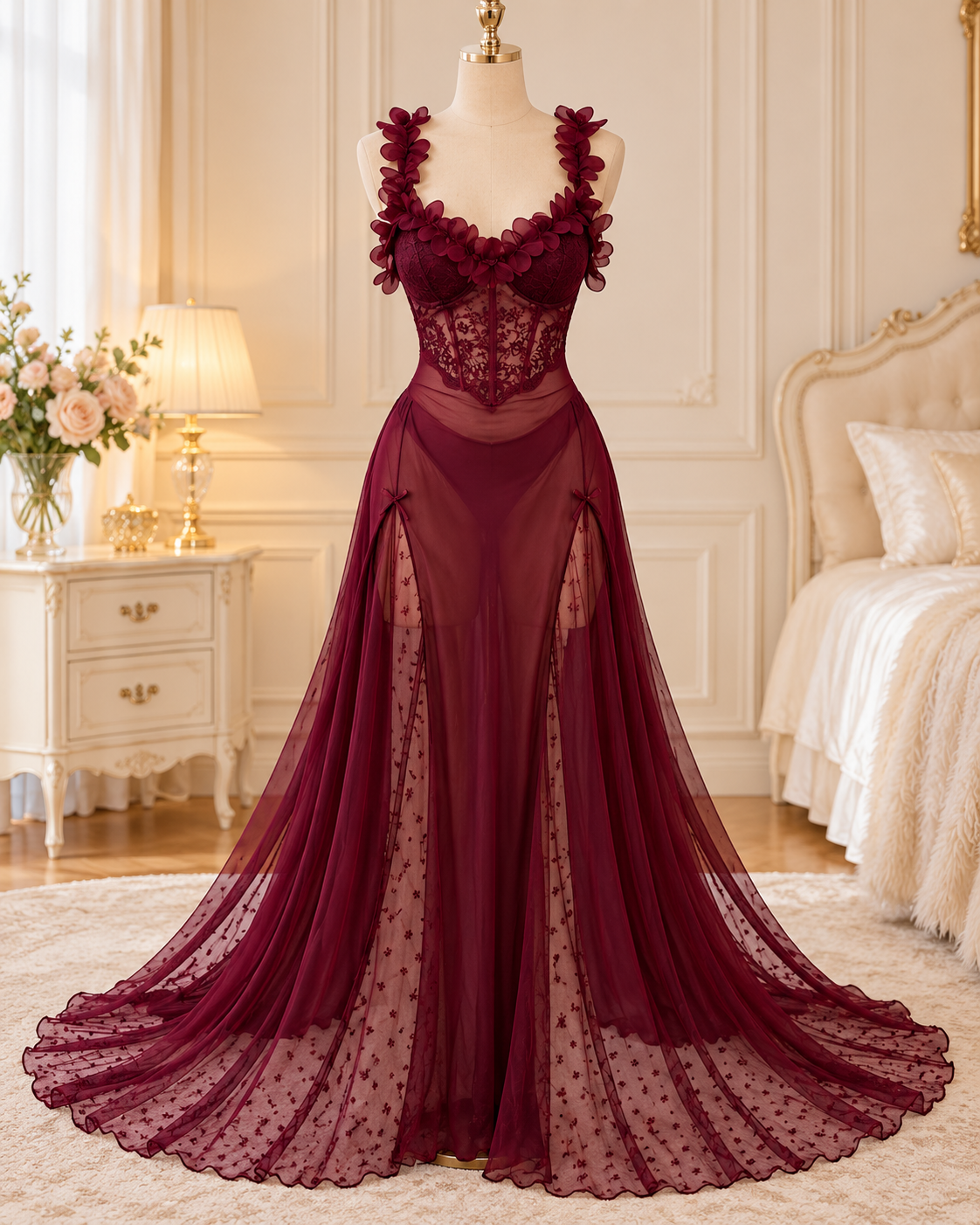 Burgundy Floral Lace Corset Lingerie Gown with Sheer Maxi Skirt