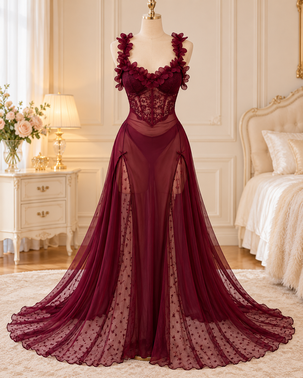 Burgundy Floral Lace Corset Lingerie Gown with Sheer Maxi Skirt