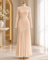 Champagne Ruched Long Sleeve Maxi Dress with Flared Hem