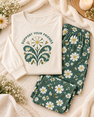Daisy Floral Winter Pajama Set with Green Printed Pants 