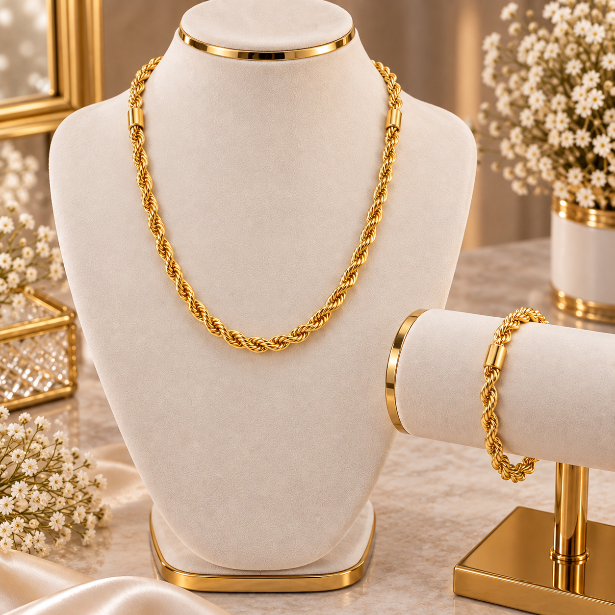 Gold Rope Chain & Bracelet Set