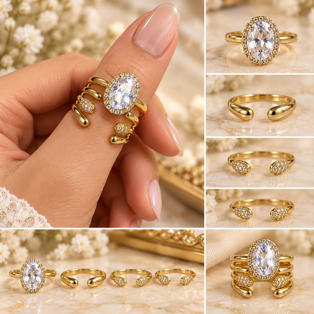 Gold Stainless Steel 4 Piece Stackable Twin Ring Set with Oval Crystal
