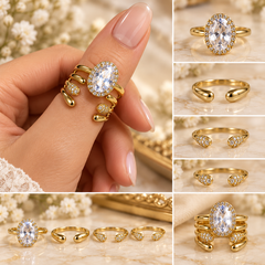 Gold Stainless Steel 4 Piece Stackable Twin Ring Set with Oval Crystal
