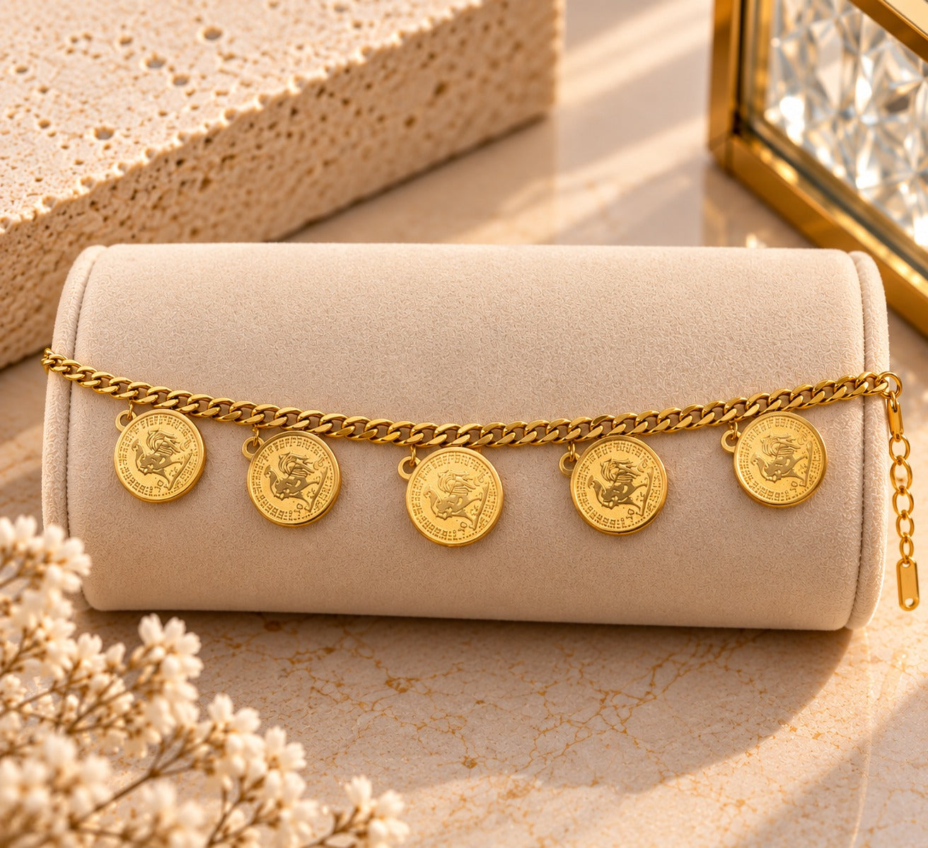 Gold Stainless Steel Four Coin Charm Bracelet 